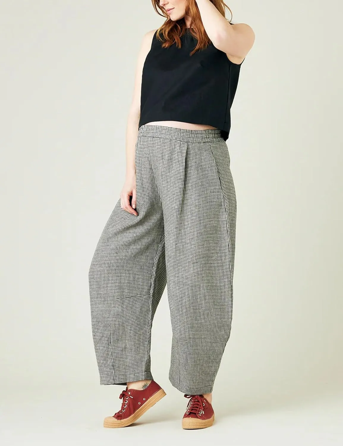 Women's Cotton Linen Harem Plaid Pants Elastic Waist Wide Leg Pants Loose Lightweight Trousers with Pockets