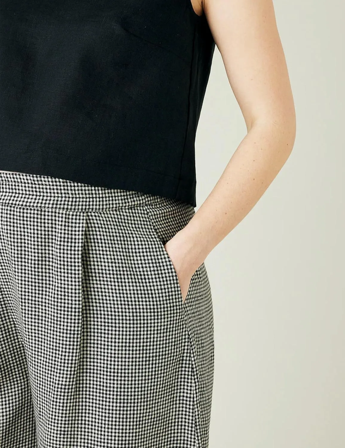 Women's Cotton Linen Harem Plaid Pants Elastic Waist Wide Leg Pants Loose Lightweight Trousers with Pockets