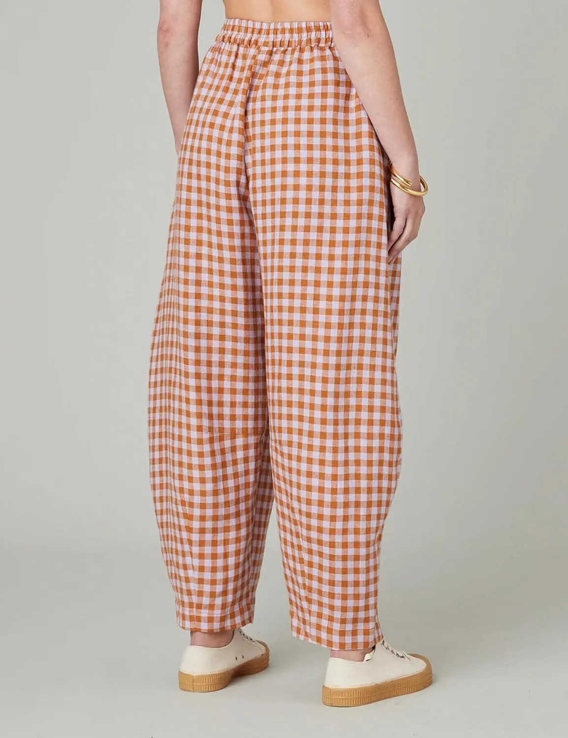 Women's Cotton Linen Harem Plaid Pants Elastic Waist Wide Leg Pants Loose Lightweight Trousers with Pockets