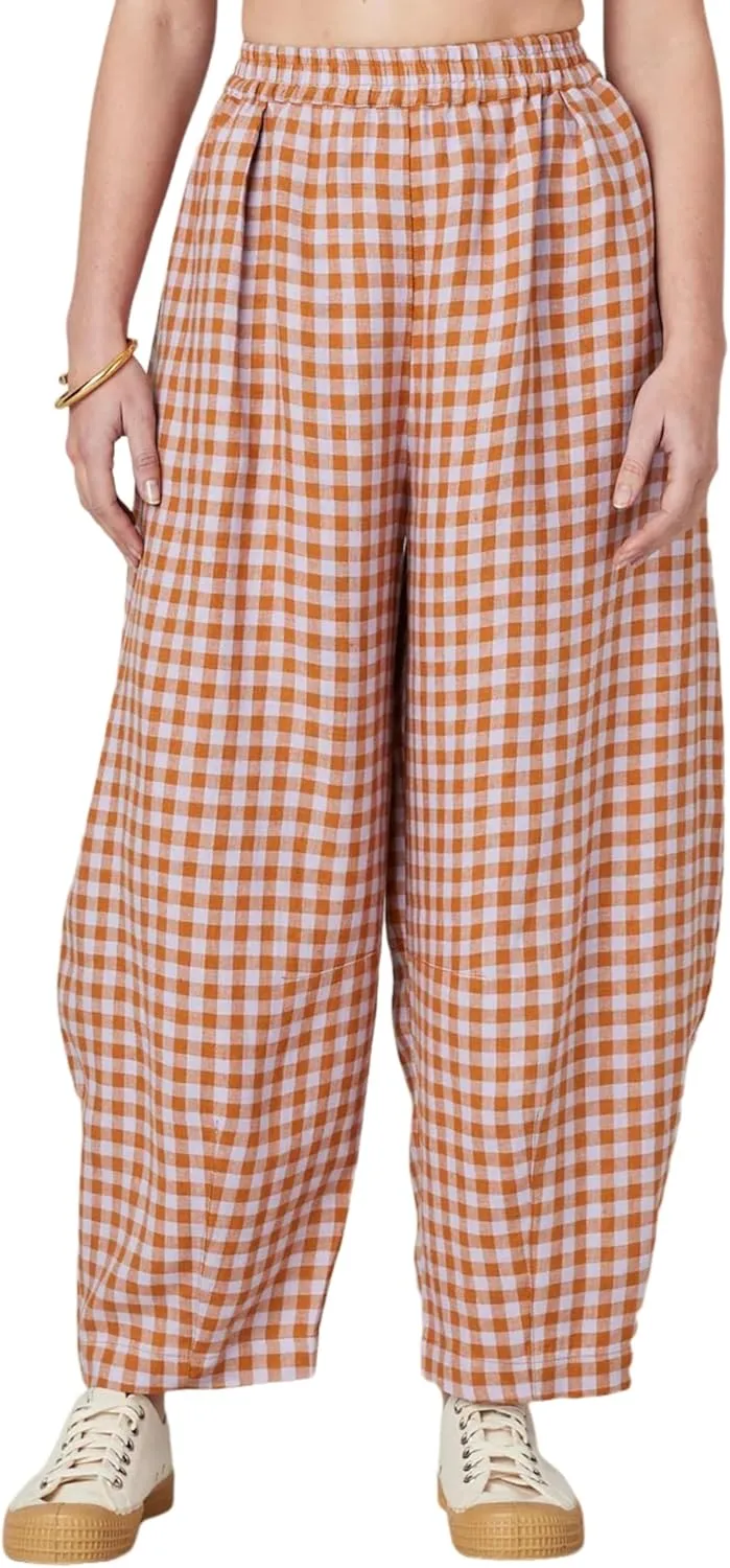 Women's Cotton Linen Harem Plaid Pants Elastic Waist Wide Leg Pants Loose Lightweight Trousers with Pockets
