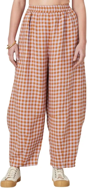 Women's Cotton Linen Harem Plaid Pants Elastic Waist Wide Leg Pants Loose Lightweight Trousers with Pockets