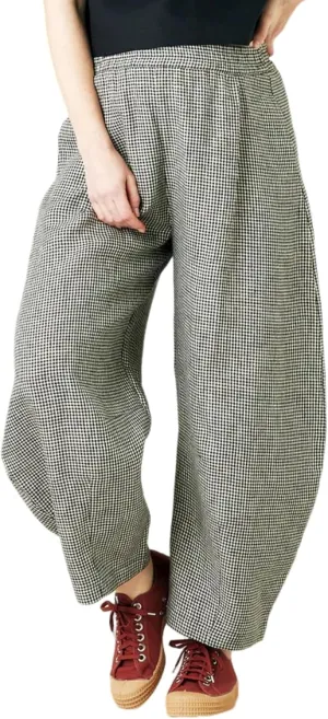 Women's Cotton Linen Harem Plaid Pants Elastic Waist Wide Leg Pants Loose Lightweight Trousers with Pockets