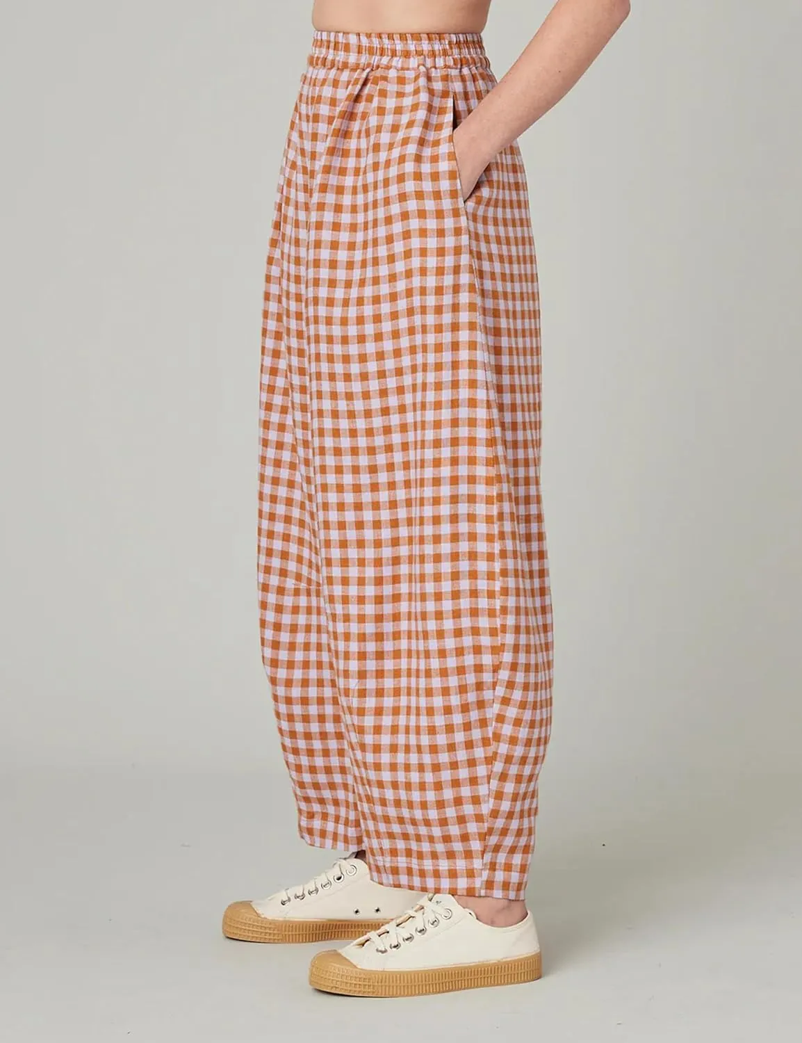Women's Cotton Linen Harem Plaid Pants Elastic Waist Wide Leg Pants Loose Lightweight Trousers with Pockets