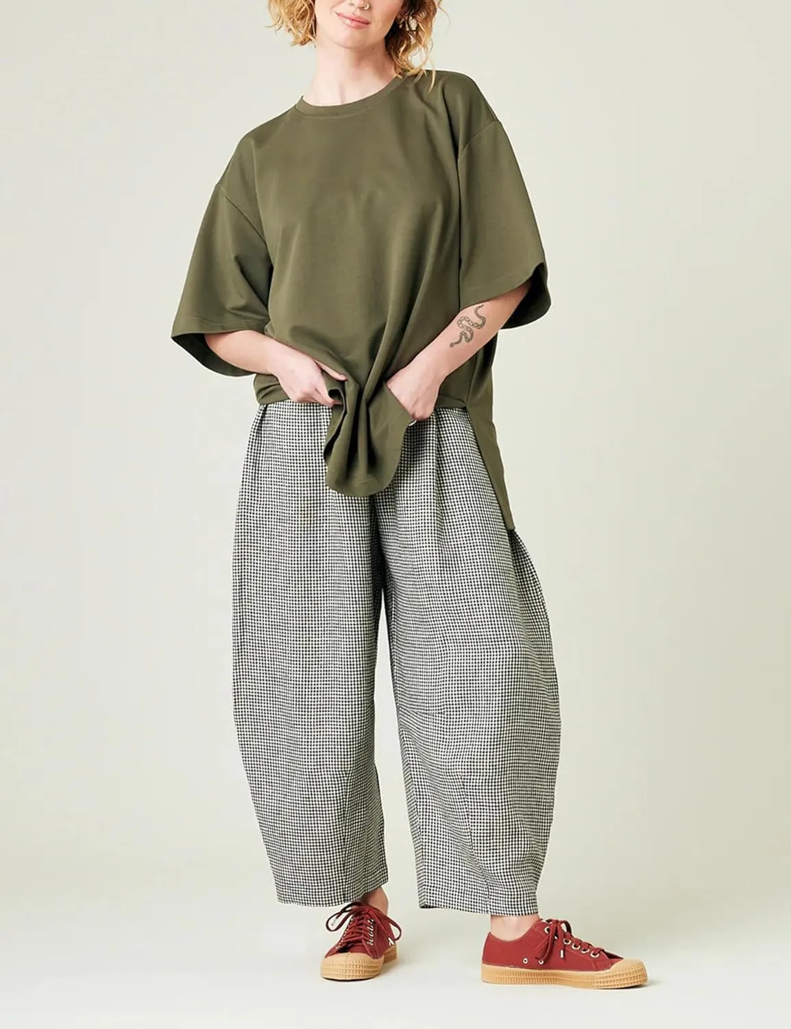 Women's Cotton Linen Harem Plaid Pants Elastic Waist Wide Leg Pants Loose Lightweight Trousers with Pockets