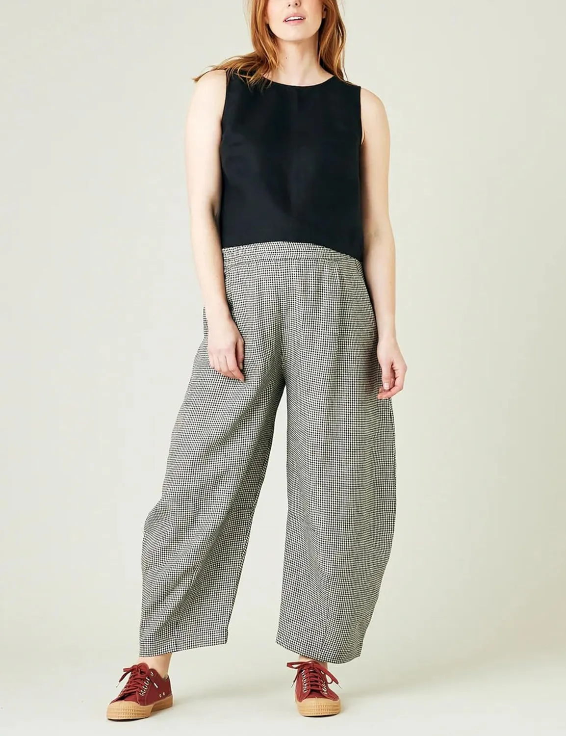 Women's Cotton Linen Harem Plaid Pants Elastic Waist Wide Leg Pants Loose Lightweight Trousers with Pockets