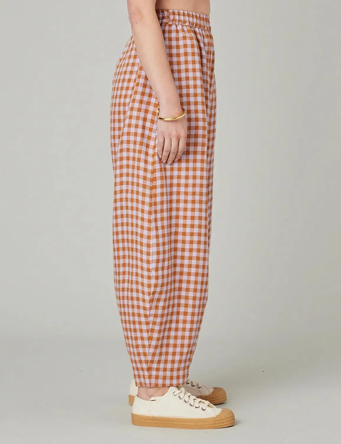 Women's Cotton Linen Harem Plaid Pants Elastic Waist Wide Leg Pants Loose Lightweight Trousers with Pockets