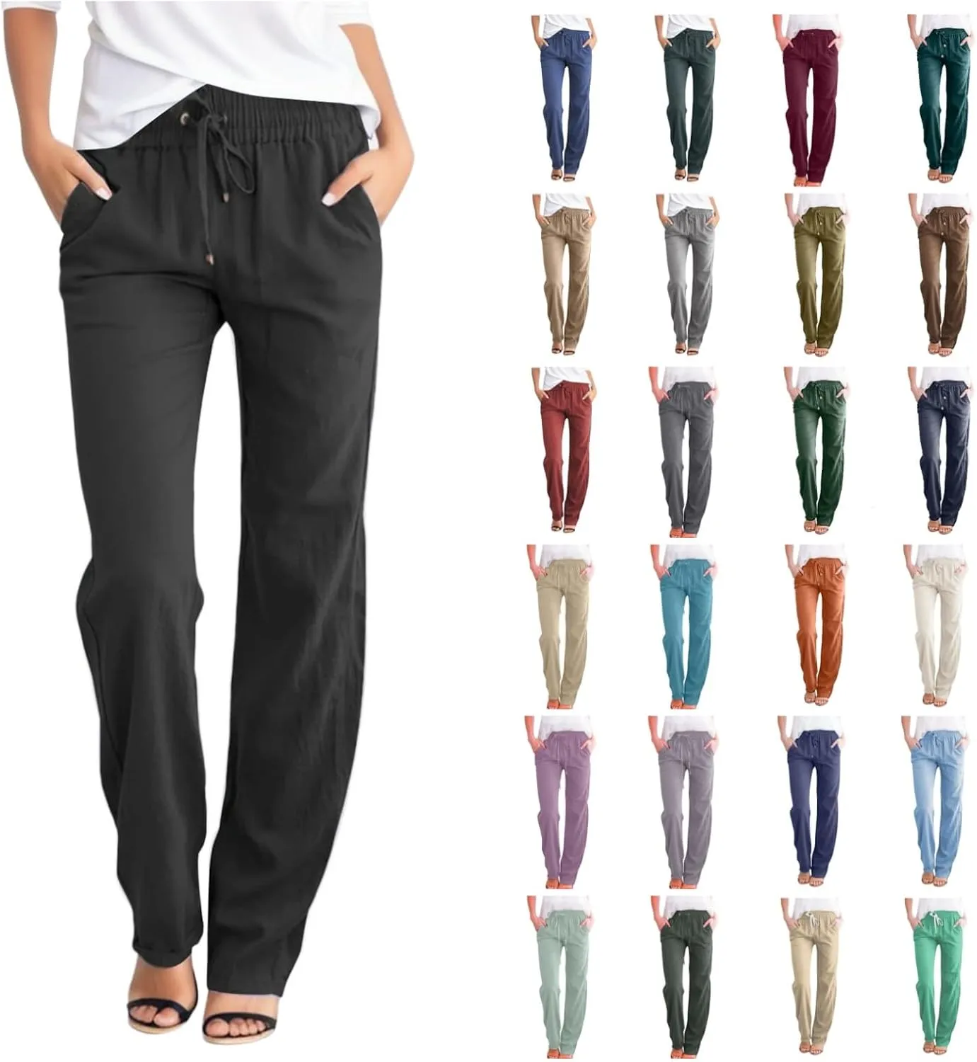 Women's Cotton Linen Pants Casual Loose Drawstring Elastic Waist Summer Beach Pants Lightweight Lounge Trouser Pockets