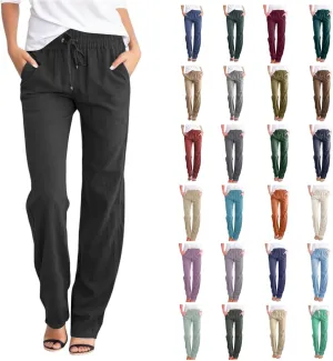Women's Cotton Linen Pants Casual Loose Drawstring Elastic Waist Summer Beach Pants Lightweight Lounge Trouser Pockets