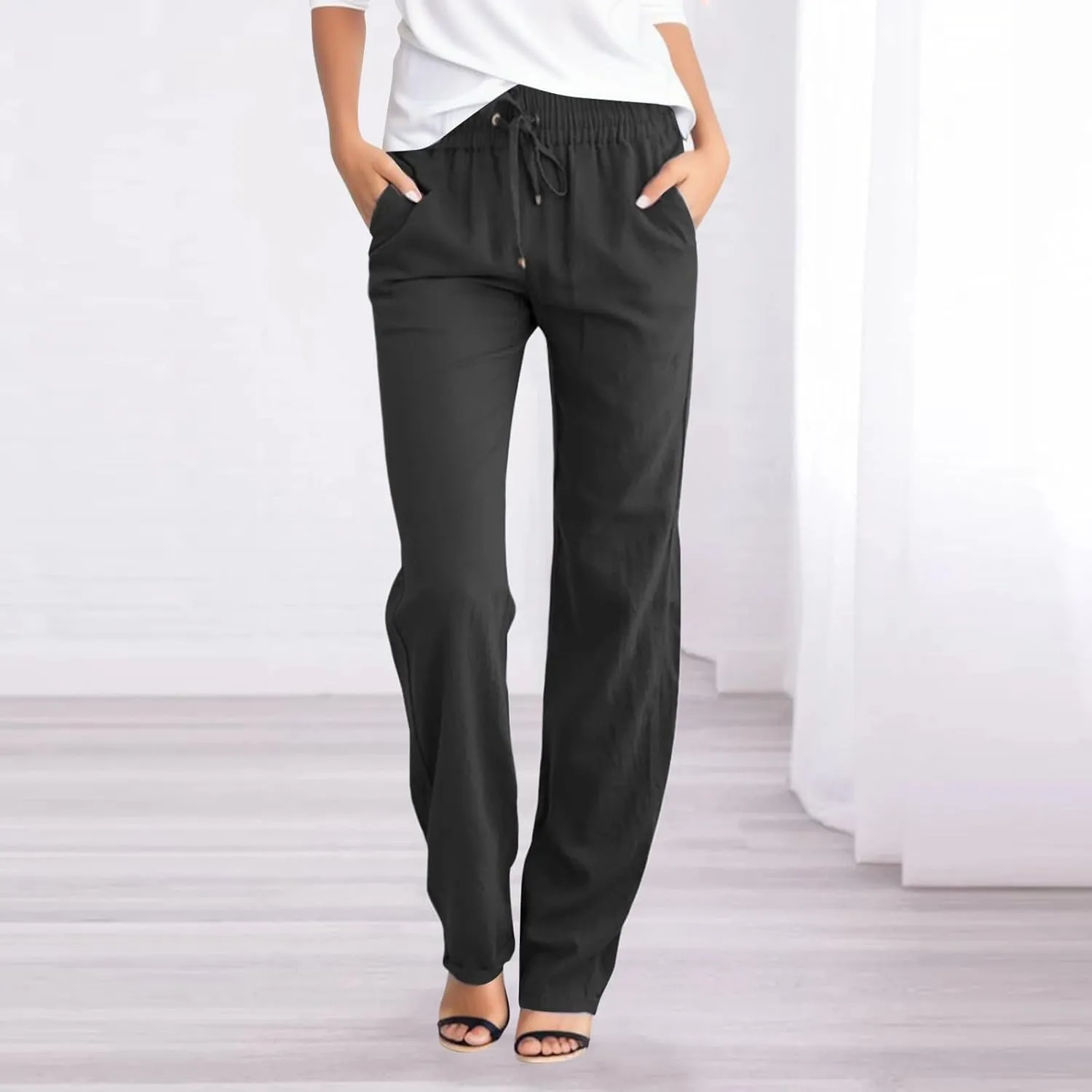Women's Cotton Linen Pants Casual Loose Drawstring Elastic Waist Summer Beach Pants Lightweight Lounge Trouser Pockets