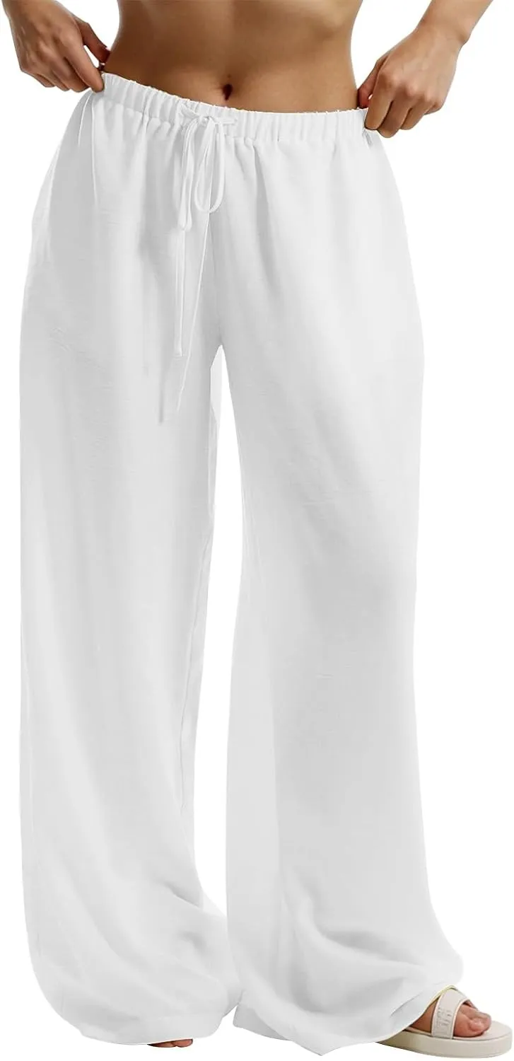 Women's Cotton Linen Pants Palazzo Flowy Wide Leg Drawstring Elastic Waist Casual Yoga Beach Trousers with Pockets