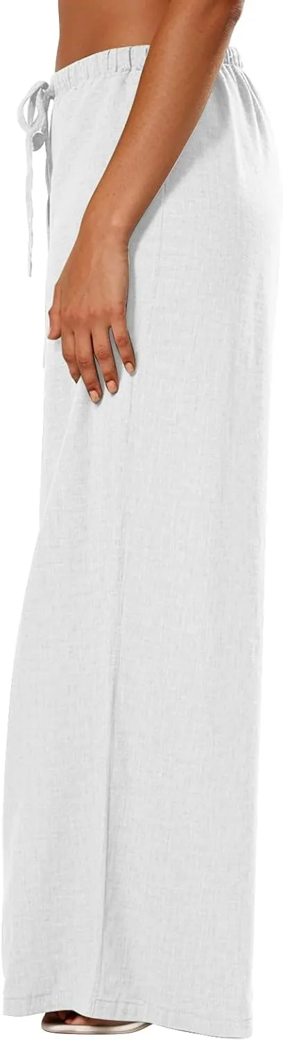 Women's Cotton Linen Pants Palazzo Flowy Wide Leg Drawstring Elastic Waist Casual Yoga Beach Trousers with Pockets