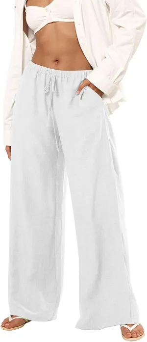 Women's Cotton Linen Pants Palazzo Flowy Wide Leg Drawstring Elastic Waist Casual Yoga Beach Trousers with Pockets