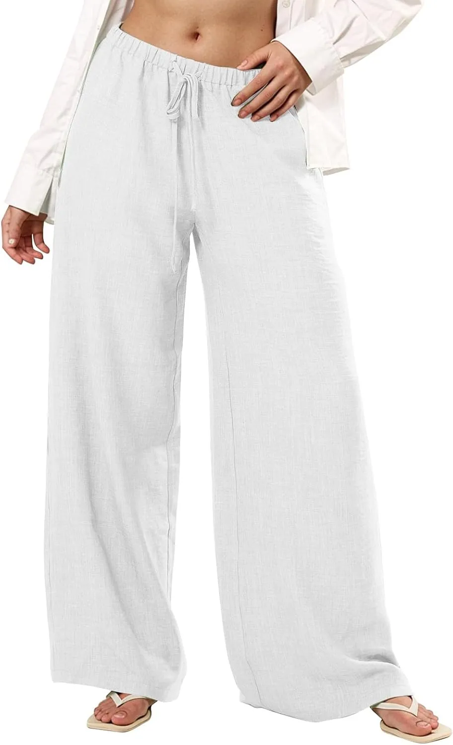 Women's Cotton Linen Pants Palazzo Flowy Wide Leg Drawstring Elastic Waist Casual Yoga Beach Trousers with Pockets