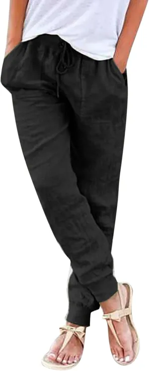 Womens Cotton Linen Pants Summer Beach Drawstring Elastic Waist Pants Casual Trousers with Pockets