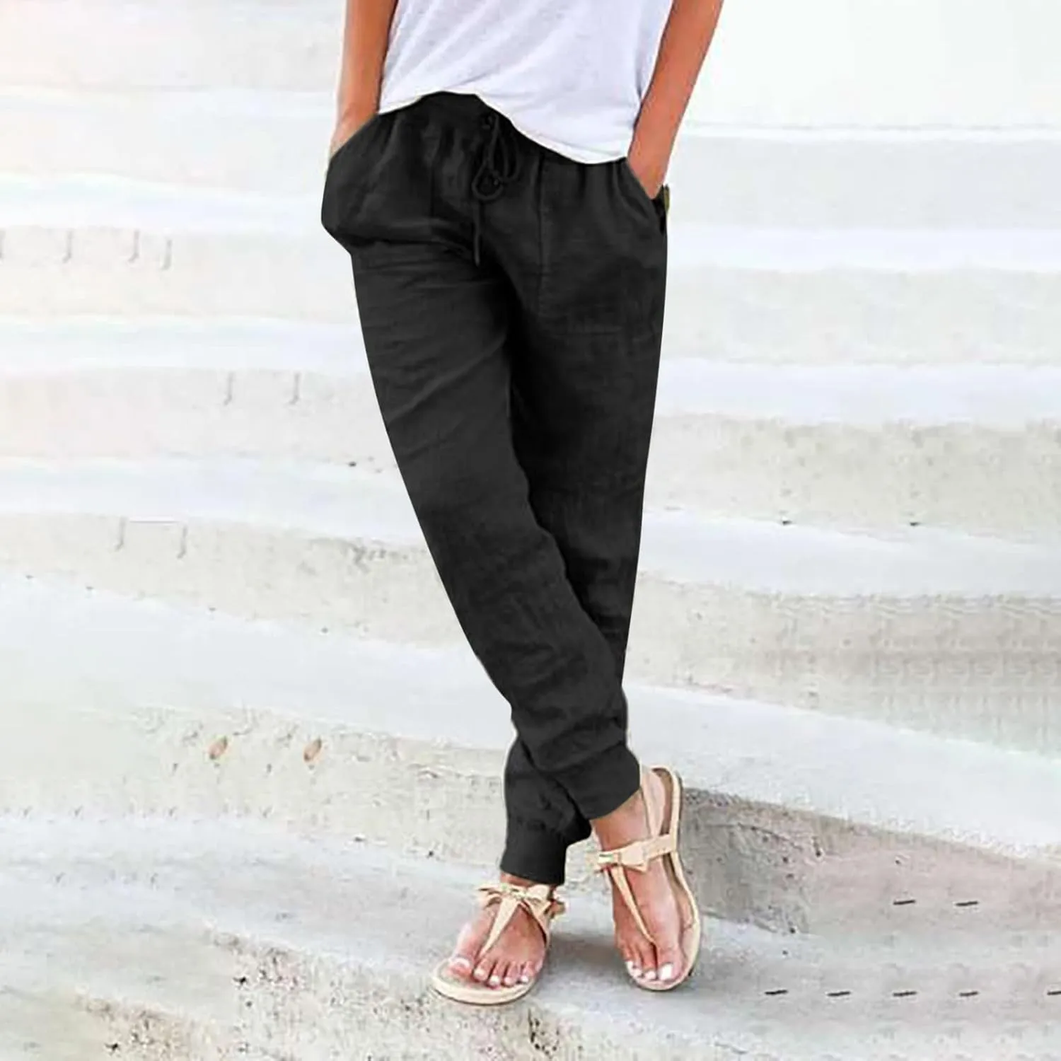 Womens Cotton Linen Pants Summer Beach Drawstring Elastic Waist Pants Casual Trousers with Pockets