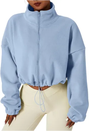 Women's Cropped Fleece Jacket 2024 Winter Full Zip Jackets Collar Long Sleeve Short Coat
