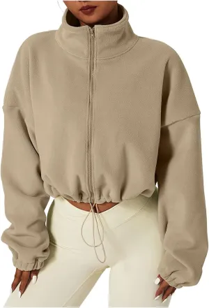 Women's Cropped Fleece Jacket 2024 Winter Full Zip Jackets Collar Long Sleeve Short Coat