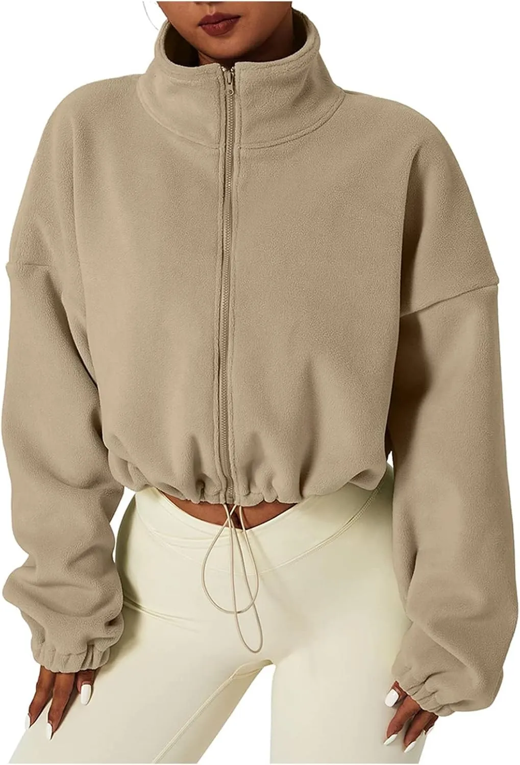 Women's Cropped Fleece Jacket 2024 Winter Full Zip Jackets Collar Long Sleeve Short Coat