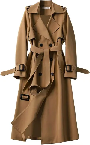 Women's Double Breasted Long Trench Coat Belted Notch Lapel Overcoat Windproof Classic Outerwear