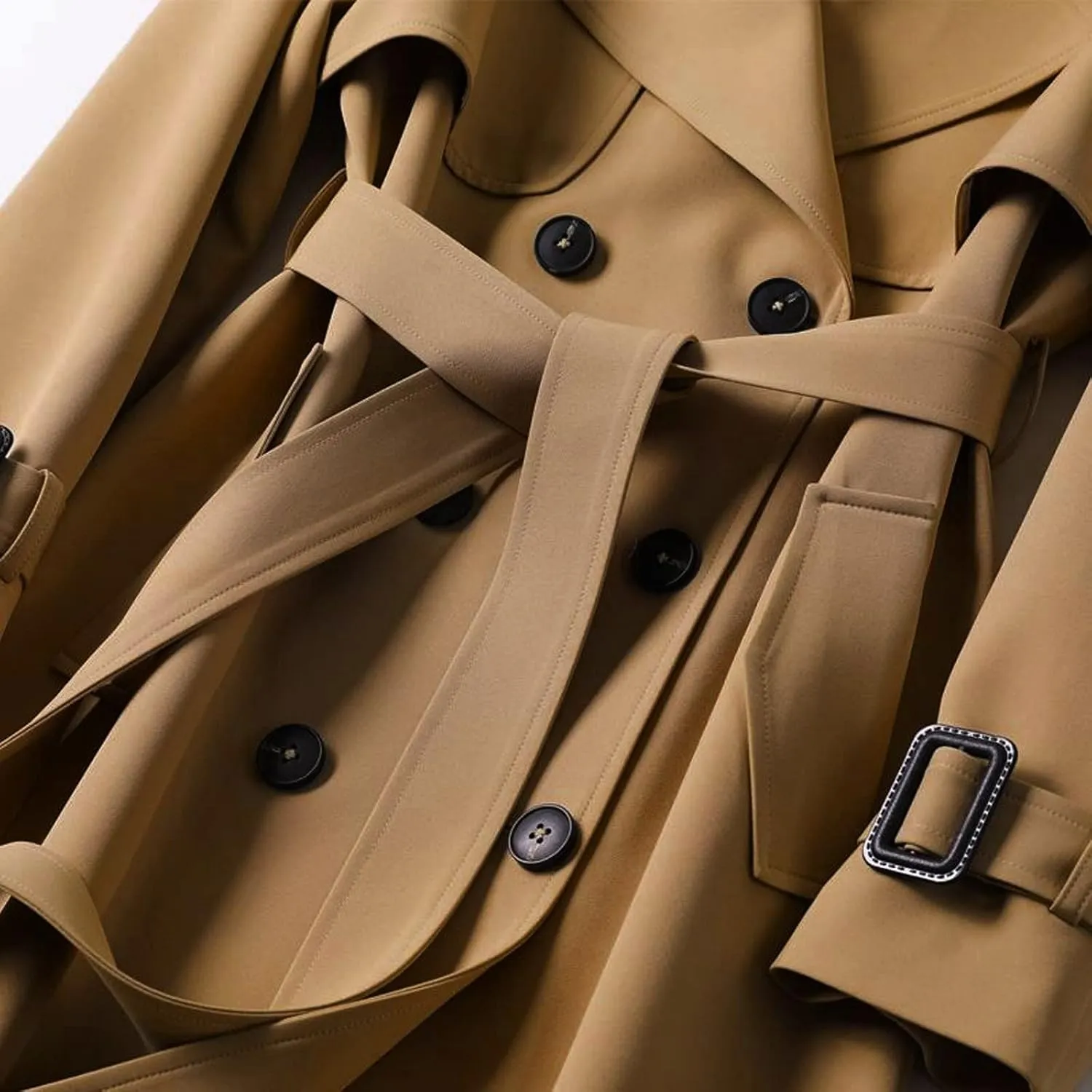 Women's Double Breasted Long Trench Coat Belted Notch Lapel Overcoat Windproof Classic Outerwear
