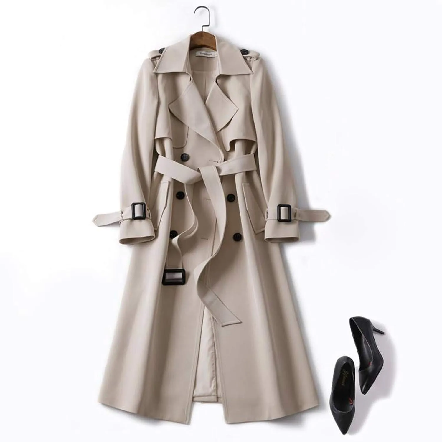 Women's Double Breasted Long Trench Coat Belted Notch Lapel Overcoat Windproof Classic Outerwear