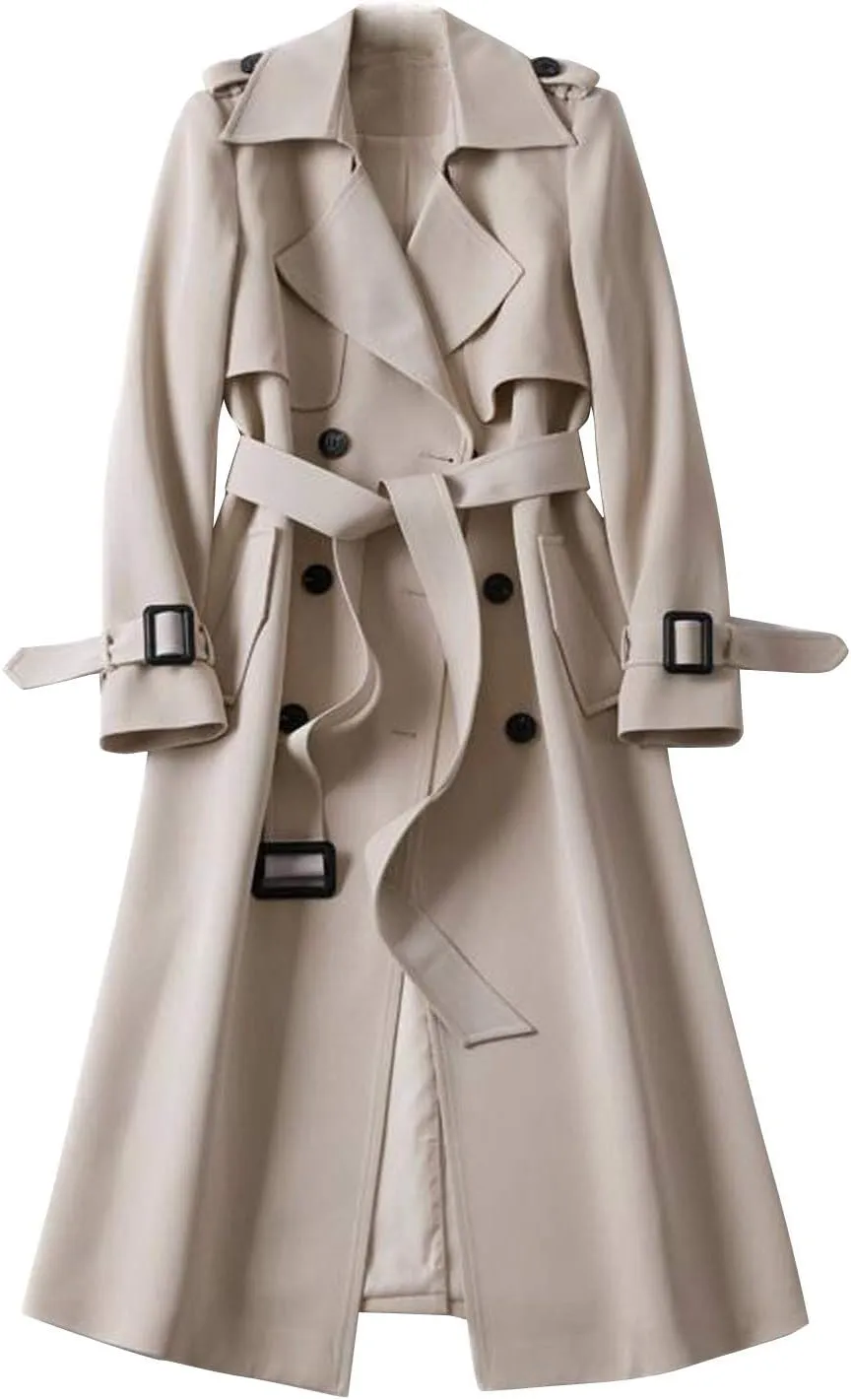 Women's Double Breasted Long Trench Coat Belted Notch Lapel Overcoat Windproof Classic Outerwear