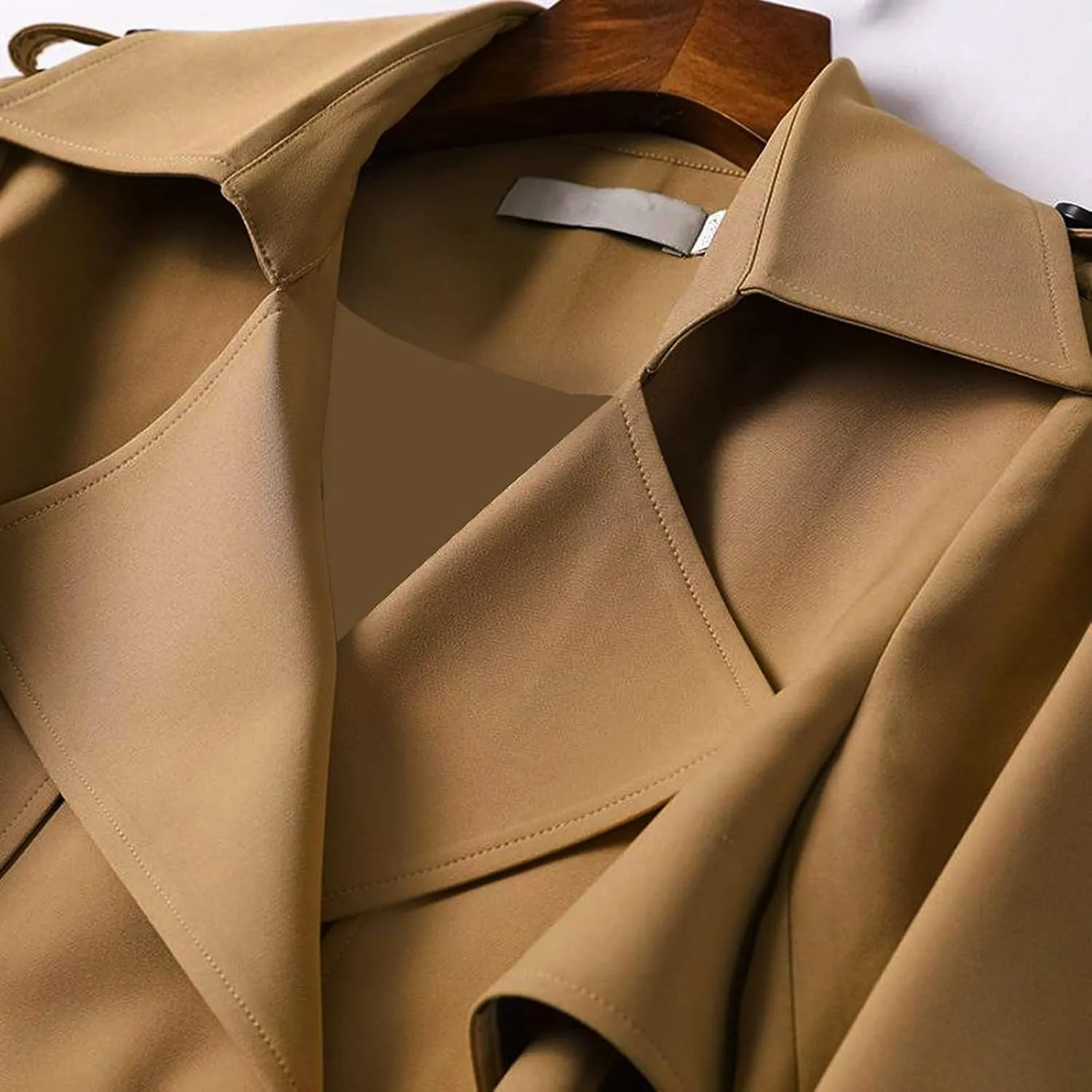 Women's Double Breasted Long Trench Coat Belted Notch Lapel Overcoat Windproof Classic Outerwear