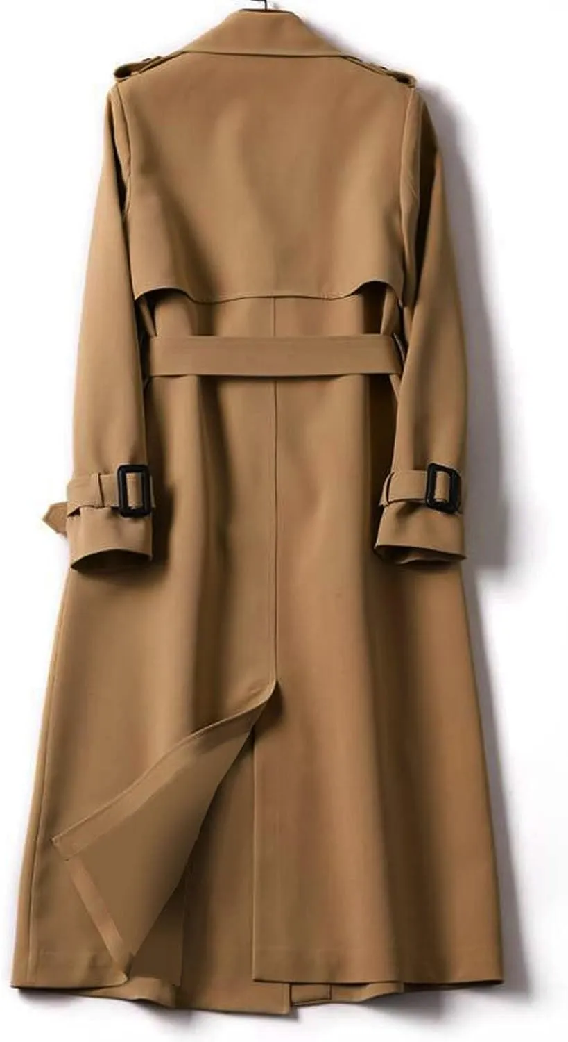 Women's Double Breasted Long Trench Coat Belted Notch Lapel Overcoat Windproof Classic Outerwear
