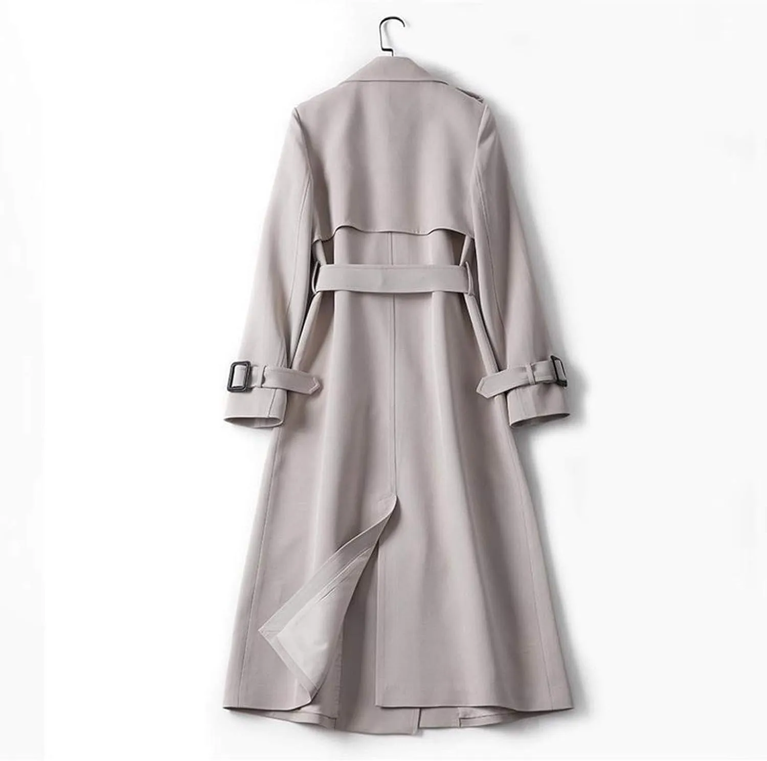 Women's Double Breasted Long Trench Coat Belted Notch Lapel Overcoat Windproof Classic Outerwear