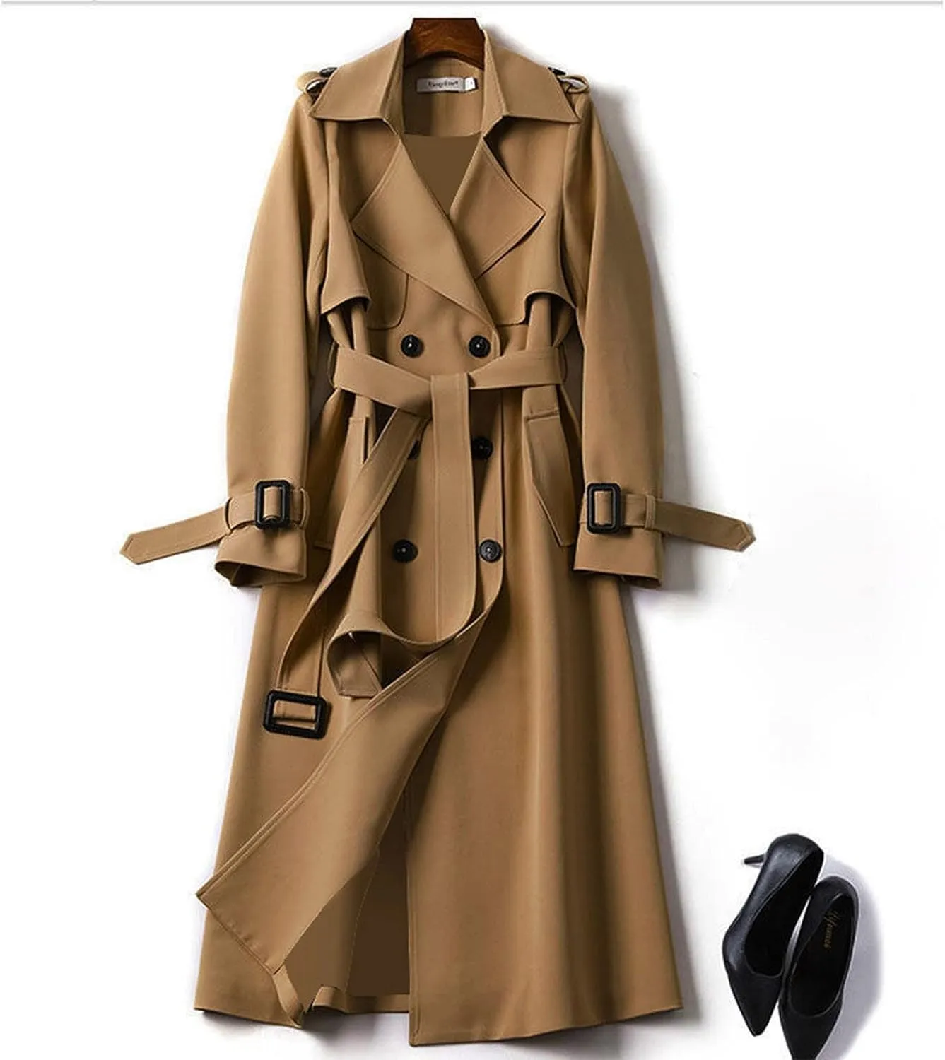 Women's Double Breasted Long Trench Coat Belted Notch Lapel Overcoat Windproof Classic Outerwear
