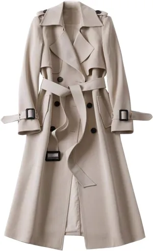 Women's Double Breasted Long Trench Coat Belted Notch Lapel Overcoat Windproof Classic Outerwear