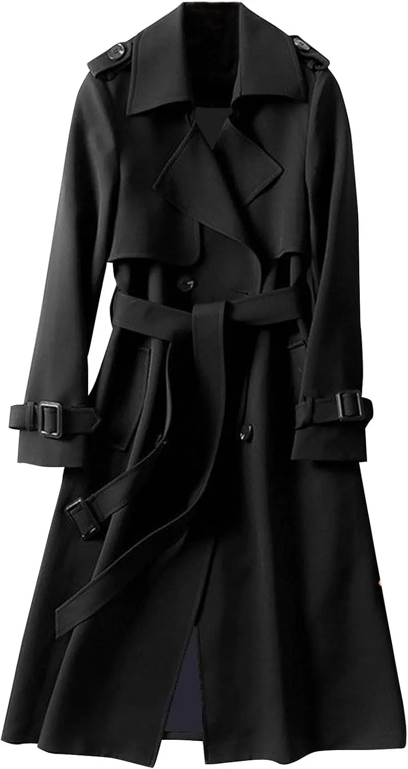 Women's Double Breasted Trench Coats Mid-Length Belted Overcoat Long Dress Jacket,Trench Coats Long