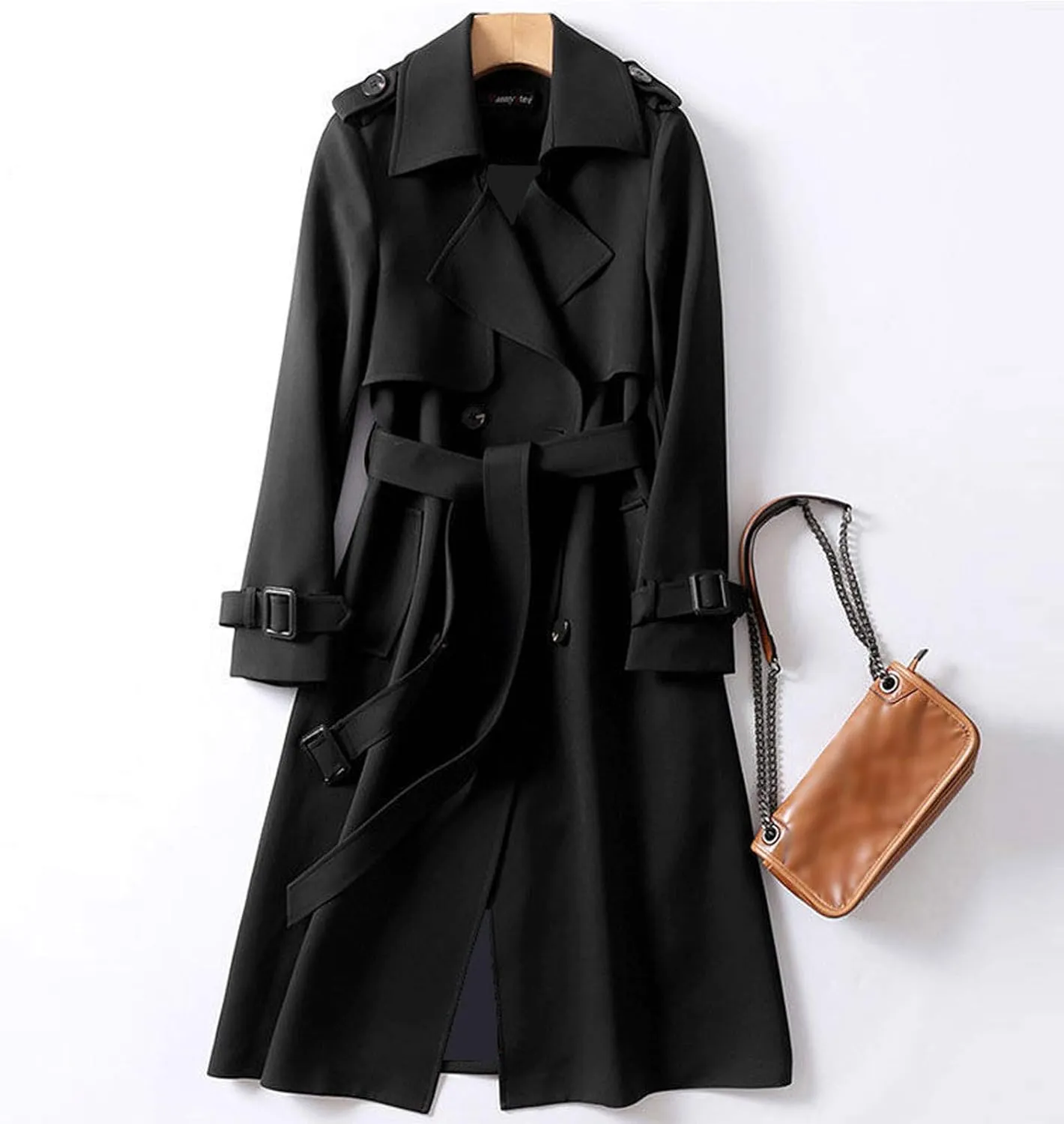 Women's Double Breasted Trench Coats Mid-Length Belted Overcoat Long Dress Jacket,Trench Coats Long