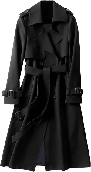 Women's Double Breasted Trench Coats Mid-Length Belted Overcoat Long Dress Jacket,Trench Coats Long
