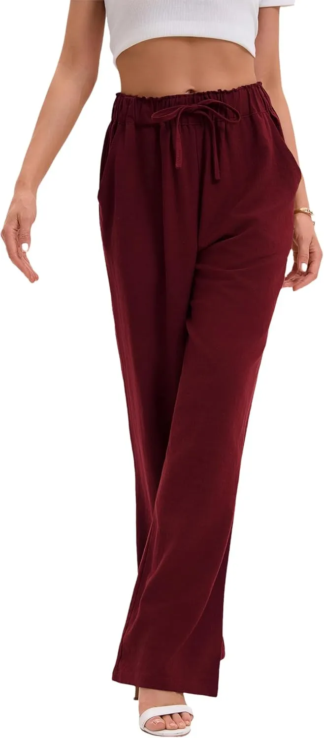 Women's Drawstring Elastic Waist Wide Leg Cotton Linen Yoga Long Pants