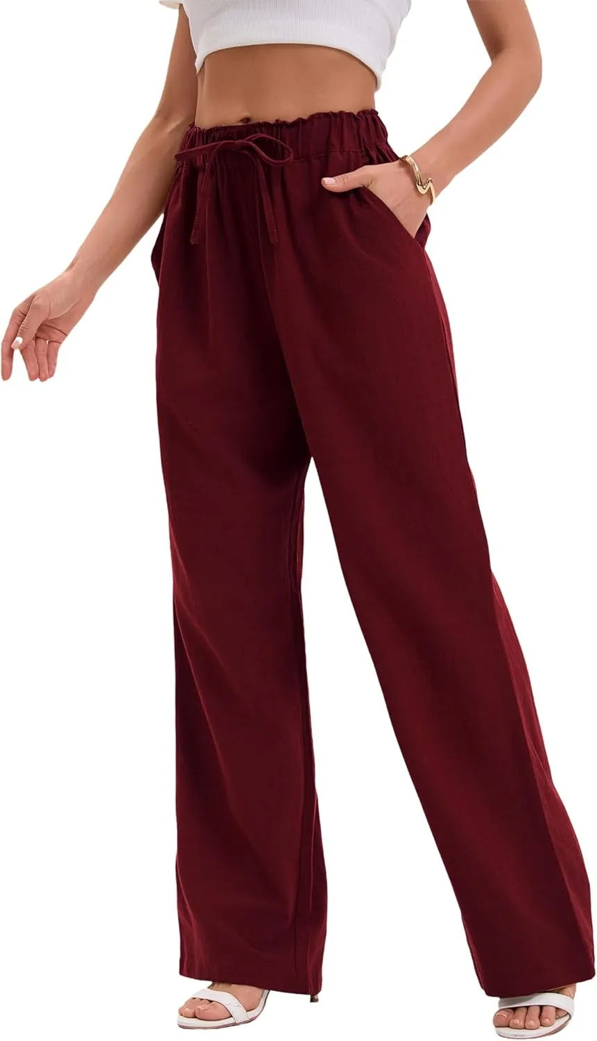 Women's Drawstring Elastic Waist Wide Leg Cotton Linen Yoga Long Pants
