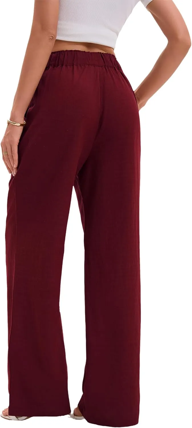 Women's Drawstring Elastic Waist Wide Leg Cotton Linen Yoga Long Pants