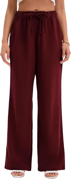 Women's Drawstring Elastic Waist Wide Leg Cotton Linen Yoga Long Pants