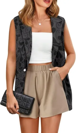 Women's Dressy Casual Sleeveless Vest Suit Waistcoat One Button Loose Fit Business Blazer