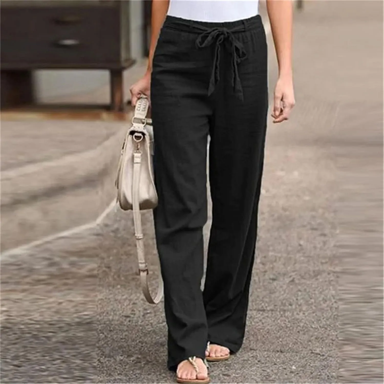 Women's Elastic Waist Cotton Linen Lace-Up Loose Thin Casual Vacation Pants