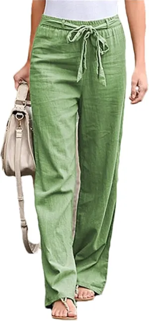 Women's Elastic Waist Cotton Linen Lace-Up Loose Thin Casual Vacation Pants