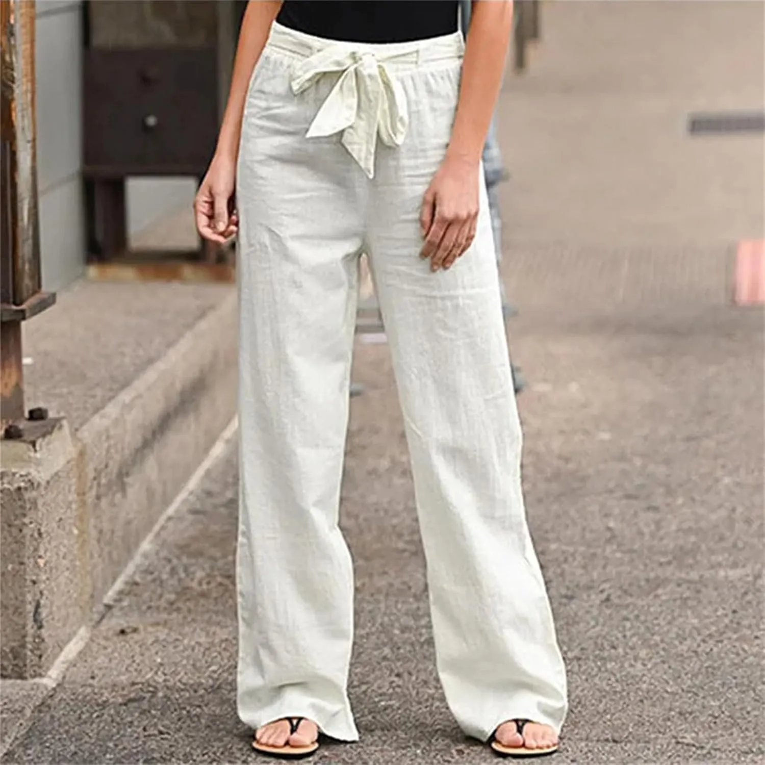 Women's Elastic Waist Cotton Linen Lace-Up Loose Thin Casual Vacation Pants