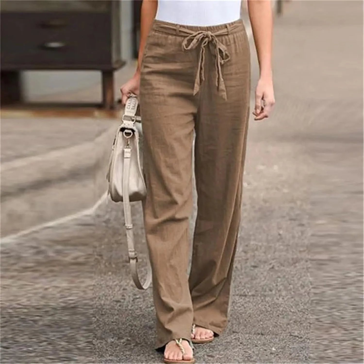 Women's Elastic Waist Cotton Linen Lace-Up Loose Thin Casual Vacation Pants