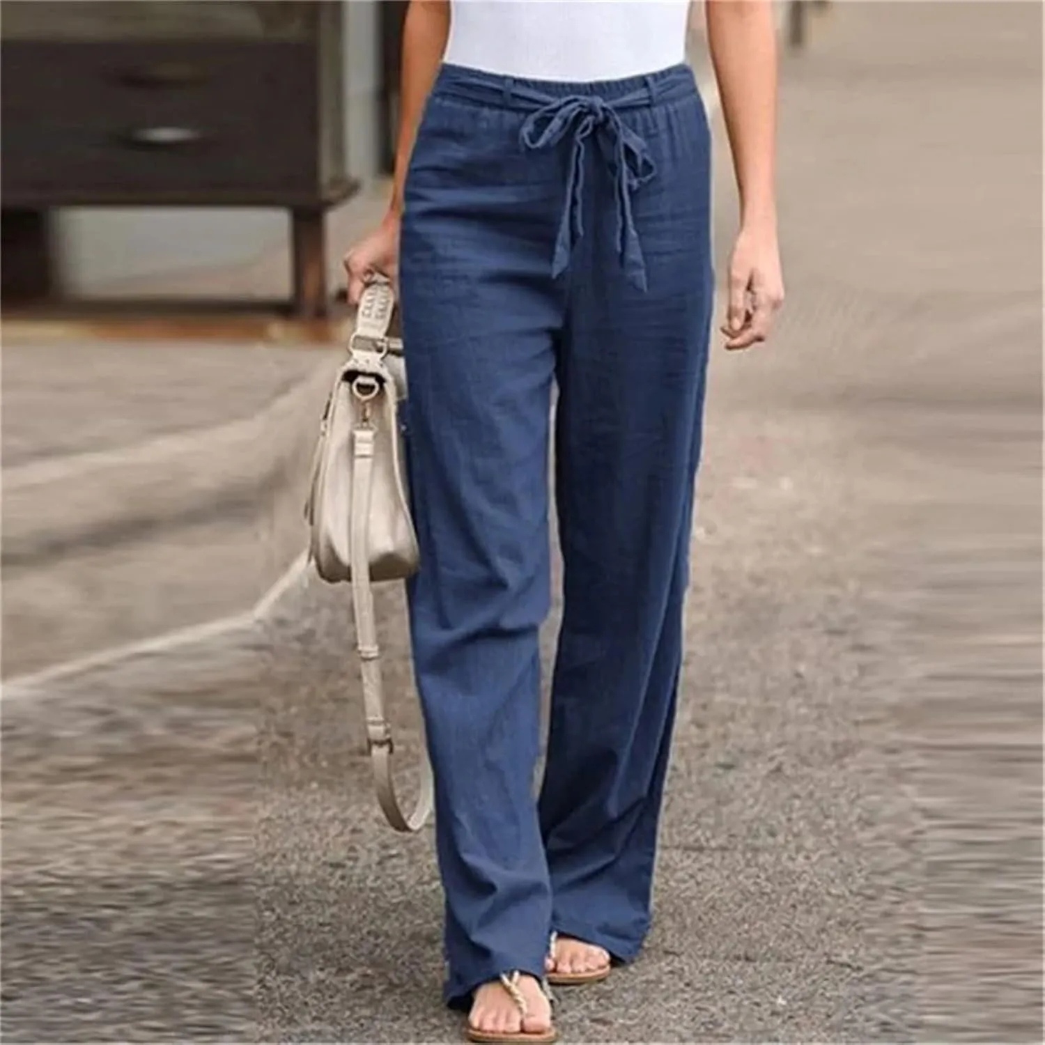 Women's Elastic Waist Cotton Linen Lace-Up Loose Thin Casual Vacation Pants
