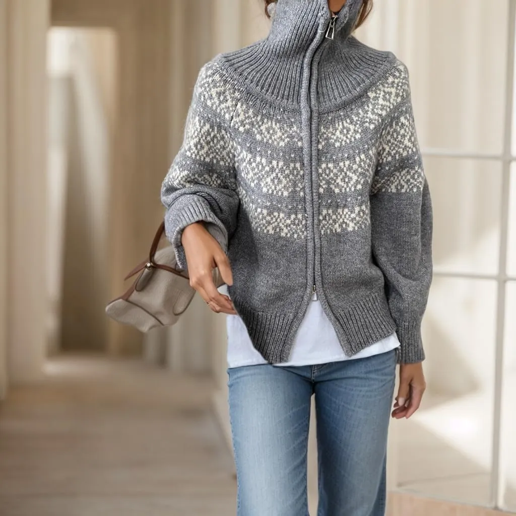Women's Fair Isle Knit Sweater Jacquard Graphic Zip Up Coats Vintage Casual Polka Dots High Neck Holiday Cardigan