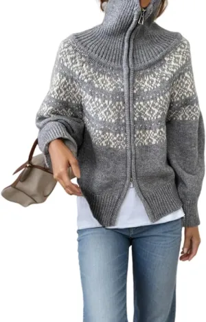 Women's Fair Isle Knit Sweater Jacquard Graphic Zip Up Coats Vintage Casual Polka Dots High Neck Holiday Cardigan