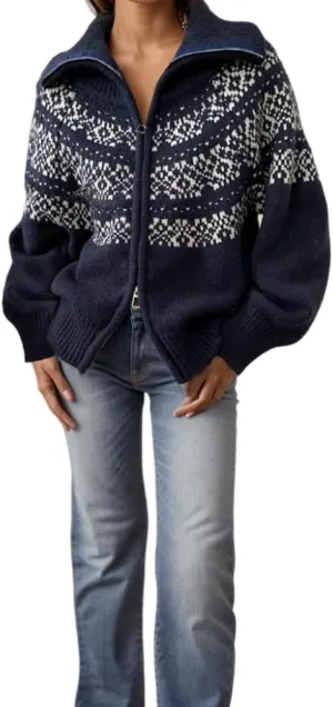 Women's Fair Isle Knit Sweater Jacquard Graphic Zip Up Coats Vintage Casual Polka Dots High Neck Holiday Cardigan