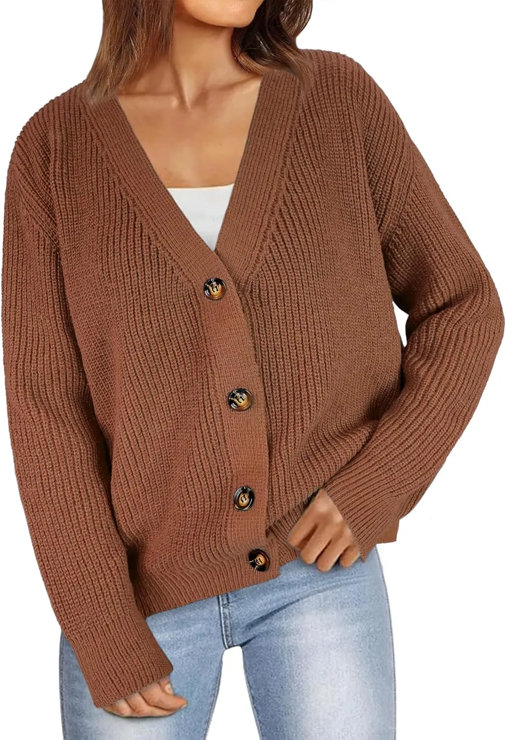 Womens Fall Laies Cute Ribbed Knit V Neck Color Block Striped Button Fake Pocket Long Sleeve Sweater Cardigan 2024