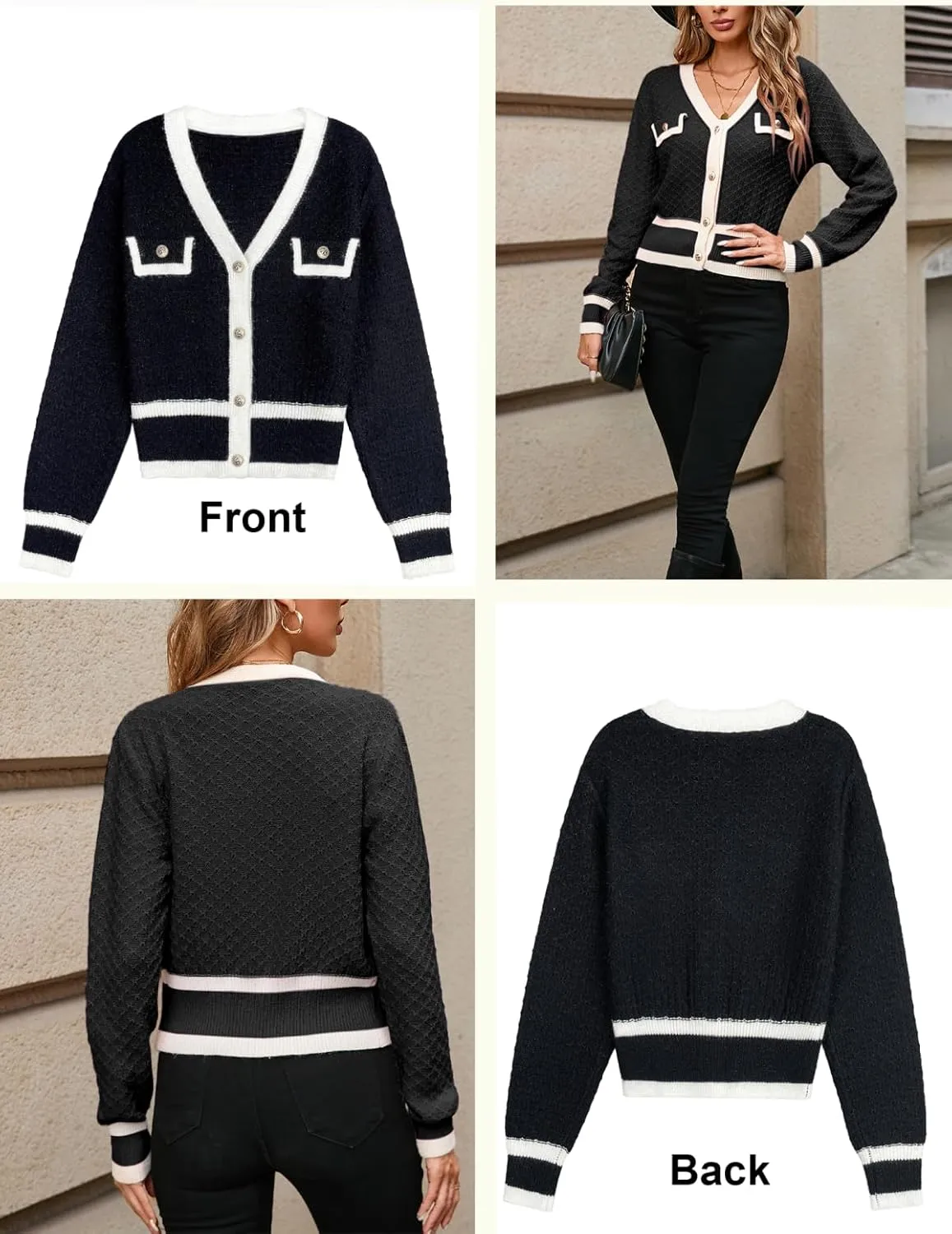 Womens Fall Laies Cute Ribbed Knit V Neck Color Block Striped Button Fake Pocket Long Sleeve Sweater Cardigan 2024