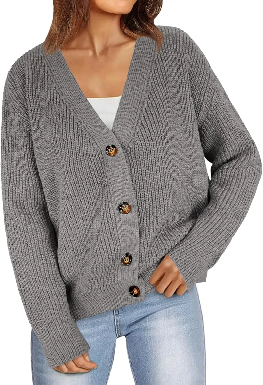 Womens Fall Laies Cute Ribbed Knit V Neck Color Block Striped Button Fake Pocket Long Sleeve Sweater Cardigan 2024